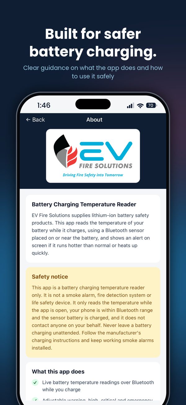 About screen with the app's safety notice